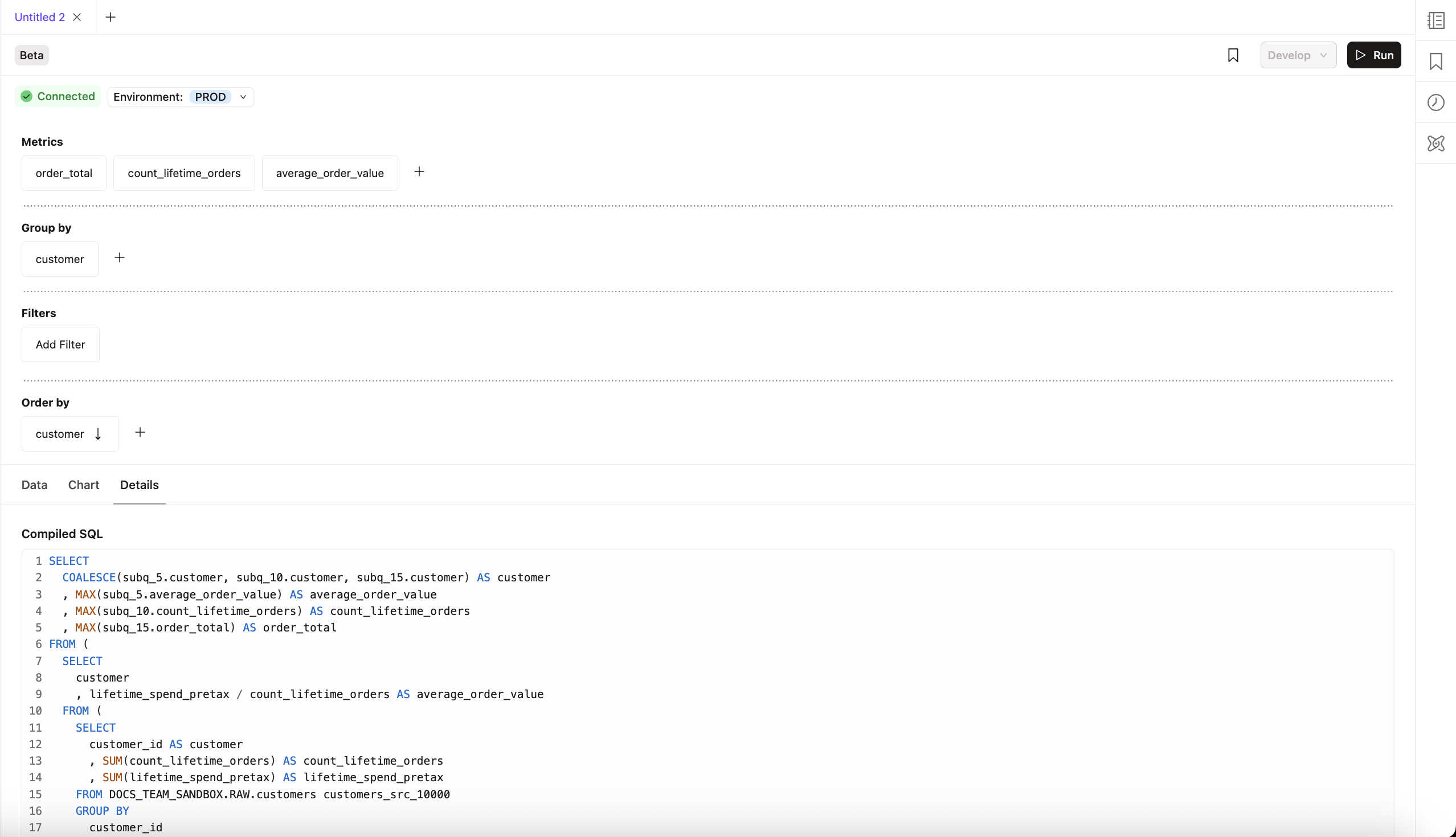 The generated SQL code in the Details tab The generated SQL code in the Details tab